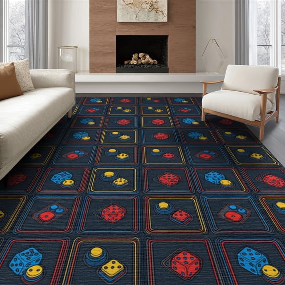ODIKA 8'x10' Washable Area Rug Durable, Non-Slip Gamer Console Dice Rectangular Throw Alfombra Video Arcade Led for Living Room, Under Sectional, Family