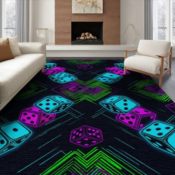 ODIKA 8'x10' Washable Area Rug Durable, Non-Slip Gamer Glowing Dice Geometric Contemporary Motif Throw Alfombra for Living Room, Under Sectional, Family