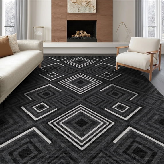 ODIKA 8'x10' Washable Area Rug Durable, Non-Slip Geometric Interlocking Shapes Symmetrical Grey Abstract Alfombras for Living Room, Under Sectional, Family