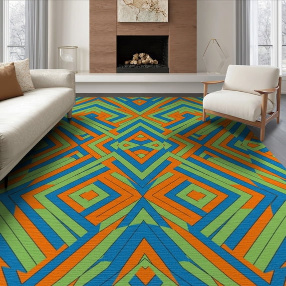 ODIKA 8'x10' Washable Area Rug Durable, Non-Slip Geometric Retro Abstract Prism Bold Vibrant Mid Century Striped Playful for Living Room, Under Sectional, Family