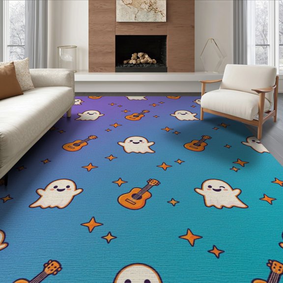 ODIKA 8'x10' Washable Area Rug Durable, Non-Slip Ghost Cute Guitar Phantom Characters Stringed Music Theme Decorative for Living Room, Under Sectional, Family