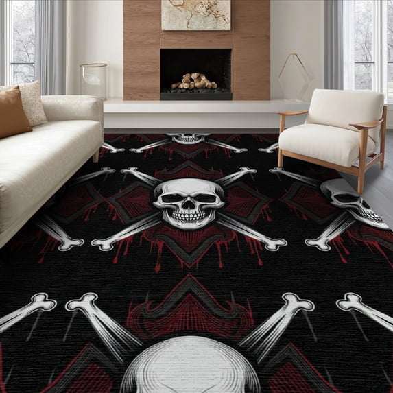ODIKA 8'x10' Washable Area Rug Durable, Non-Slip Ghost Horror Gothic Bone Motif Blood Drip Halloween Throw Witchy for Living Room, Under Sectional, Family