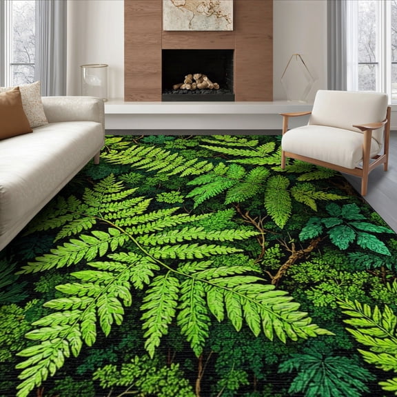 ODIKA 8'x10' Washable Area Rug Durable, Non-Slip Golf Koi Bug Inspired Botanical Fern Fronds Woodland Motifs Pond for Living Room, Under Sectional, Family
