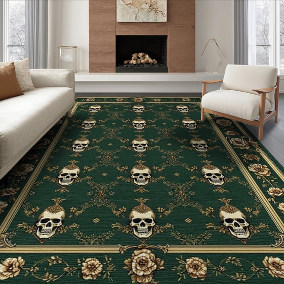 ODIKA 8'x10' Washable Area Rug Durable, Non-Slip Goth Victorian Damask Skull With Baroque Floral Scroll Border for Living Room, Under Sectional, Family