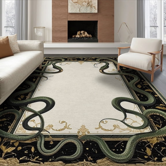 ODIKA 8'x10' Washable Area Rug Durable, Non-Slip Gothic Coiled Snake Serpent Academia Scroll Border Goth Githic for Living Room, Under Sectional, Family