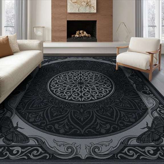 ODIKA 8'x10' Washable Area Rug Durable, Non-Slip Gothic Vintage Academia Border Traction Synthetic Boho Goth Moth Playful for Living Room, Under Sectional, Family
