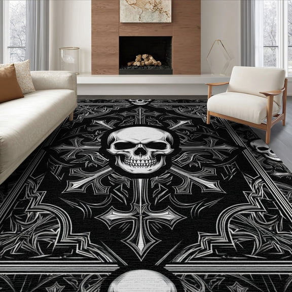 ODIKA 8'x10' Washable Area Rug Durable, Non-Slip Graphic Streetwear Gothic Cross Border Gamer Motif Skull Beast Refined for Living Room, Under Sectional, Family