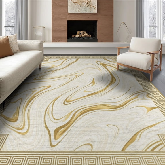 ODIKA 8'x10' Washable Area Rug Durable, Non-Slip Greek Border Mosaic Designer Sculptures Cream Sconces Abstract Key Refined for Living Room, Under Sectional, Family