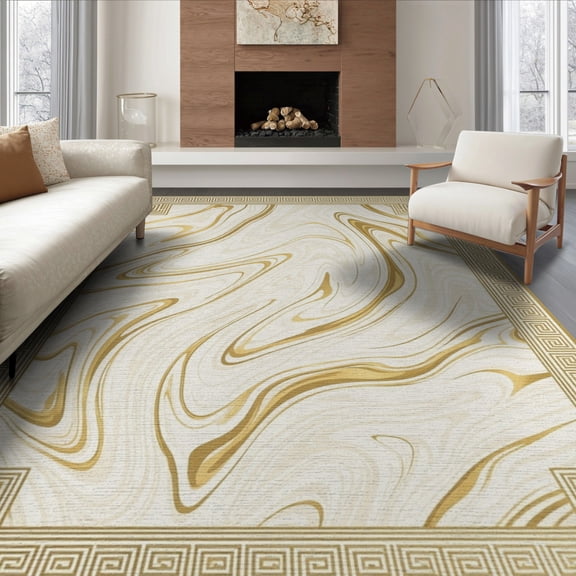 ODIKA 8'x10' Washable Area Rug Durable, Non-Slip Greek Border Mosaic Designer Sculptures Cream Sconces Abstract Key Refined for Living Room, Under Sectional, Family