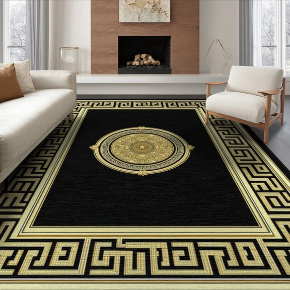 ODIKA 8'x10' Washable Area Rug Durable, Non-Slip Greek Key Geometric Medallion With Ornate Fret Border And Scroll Motifs for Living Room, Under Sectional, Family