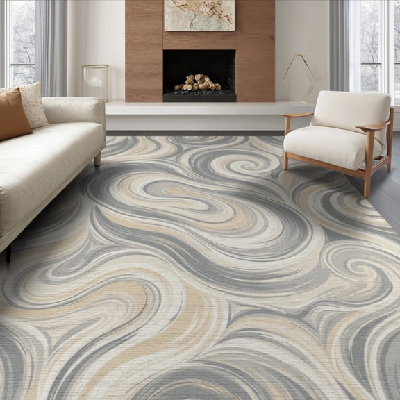 ODIKA 8'x10' Washable Area Rug Durable, Non-Slip Grey Composition Contemporary Abstract Balanced Marbled Shape for Living Room, Under Sectional, Family