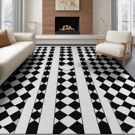 ODIKA 8'x10' Washable Area Rug Durable, Non-Slip Grid Race Checkered Checkerboard Bold Car Classroom Checker Funky for Living Room, Under Sectional, Family