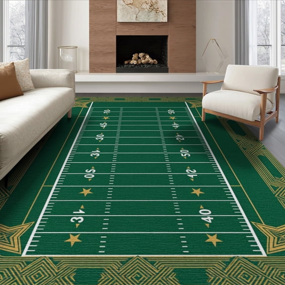 ODIKA 8'x10' Washable Area Rug Durable, Non-Slip Gridiron Field With Interlocking Star Motif Border Texas Football Refined for Living Room, Under Sectional, Family