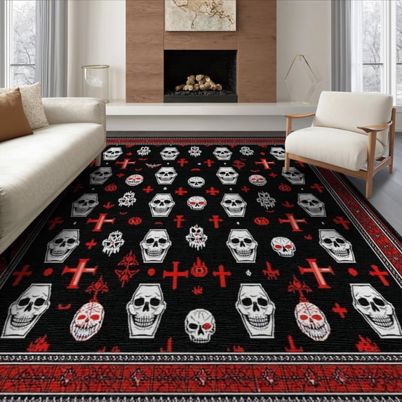 ODIKA 8'x10' Washable Area Rug Durable, Non-Slip Halloween Gothic Coffin Skull Spooky Web Bat Cross Decorations for Living Room, Under Sectional, Family
