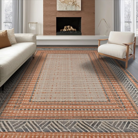 ODIKA 8'x10' Washable Area Rug Durable, Non-Slip Herringbone Geometric Zigzag Motif Shaggy Patterned Interlocking for Living Room, Under Sectional, Family