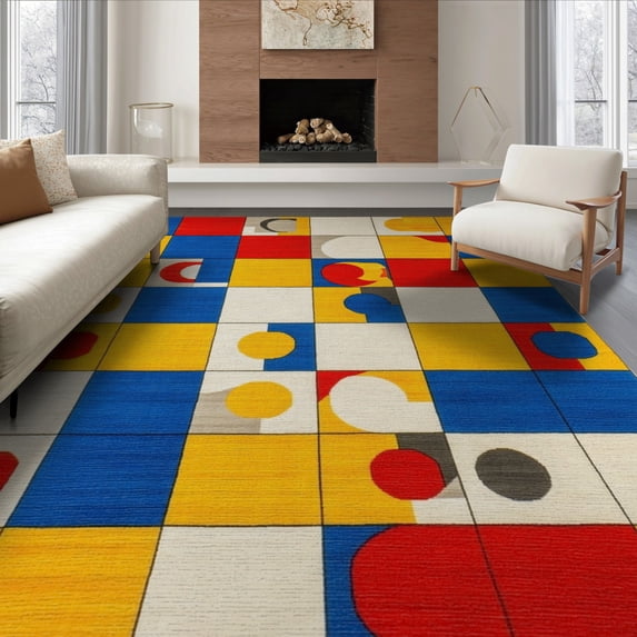 ODIKA 8'x10' Washable Area Rug Durable, Non-Slip Hopscotch Modern Abstract Path With Checkerboard Arcade Motifs for Living Room, Under Sectional, Family