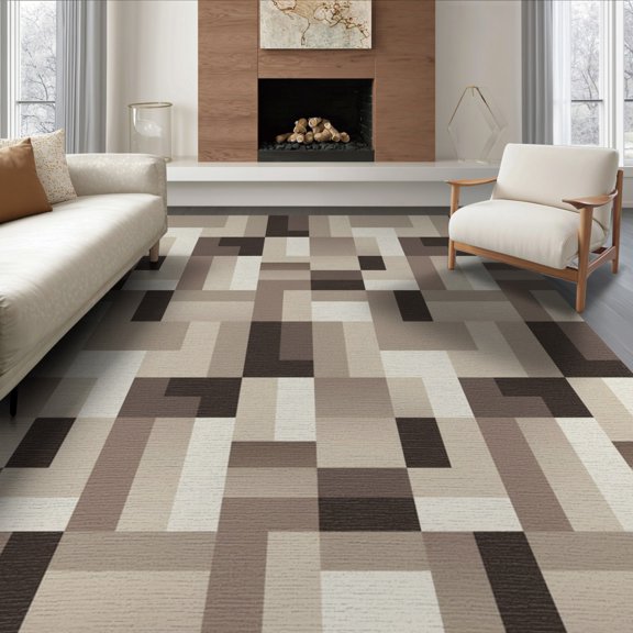 ODIKA 8'x10' Washable Area Rug Durable, Non-Slip Interlocking Shapes Beige Large Brushstroke Abstract Neutral Block Playful for Living Room, Under Sectional, Family