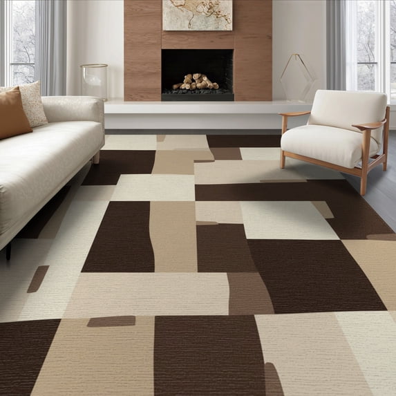 ODIKA 8'x10' Washable Area Rug Durable, Non-Slip Interlocking Shapes Neutral Blocks Brushstroke Large Beige Abstract Playful for Living Room, Under Sectional, Family