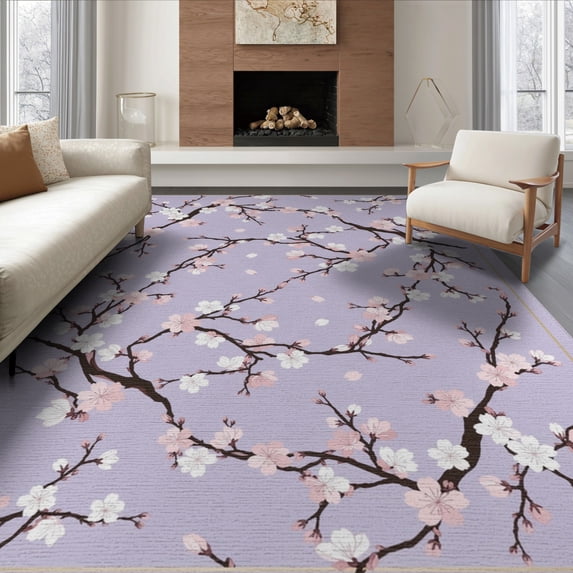 ODIKA 8'x10' Washable Area Rug Durable, Non-Slip Japanese Plum Flower Asian Delicate Petal Chinese Cherry Tufted for Living Room, Under Sectional, Family