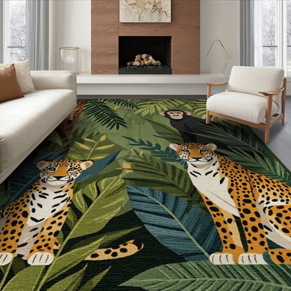 ODIKA 8'x10' Washable Area Rug Durable, Non-Slip Jungle Border Insect Motifs Patterned Eclectic Motif Scatter for Living Room, Under Sectional, Family