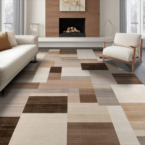 ODIKA 8'x10' Washable Area Rug Durable, Non-Slip Large Beige Abstract Interlocking Shapes Neutral Blocks Brushstroke for Living Room, Under Sectional, Family