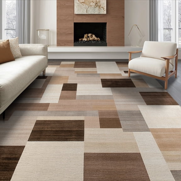 ODIKA 8'x10' Washable Area Rug Durable, Non-Slip Large Beige Abstract Interlocking Shapes Neutral Blocks Brushstroke for Living Room, Under Sectional, Family