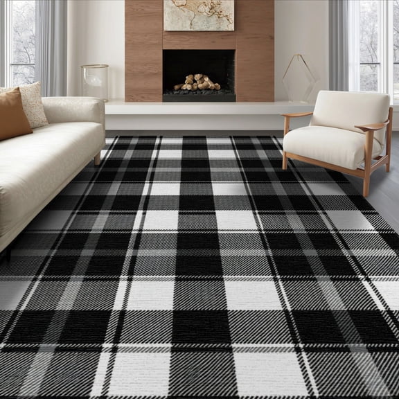ODIKA 8'x10' Washable Area Rug Durable, Non-Slip Large Checkered Bold Border Doormat Layering Front Under Plaid Refined for Living Room, Sectional, Family