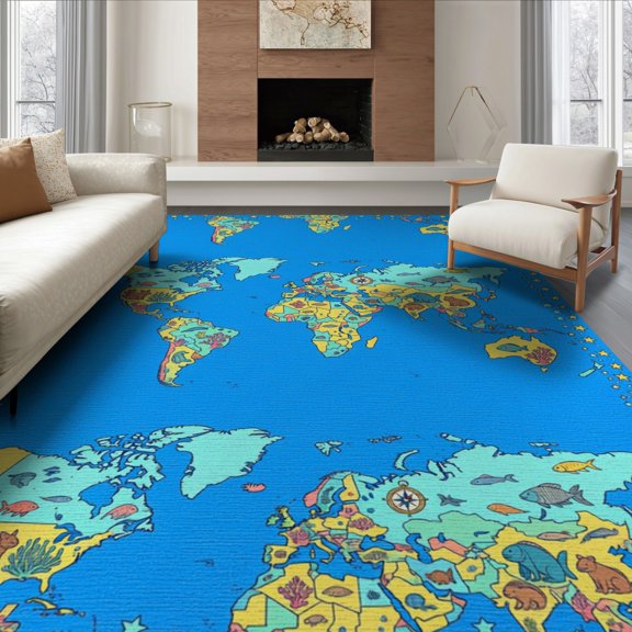 ODIKA 8'x10' Washable Area Rug Durable, Non-Slip Large Playroom Playful Showcasing Underwater Wildlife Theme Map for Living Room, Under Sectional, Family