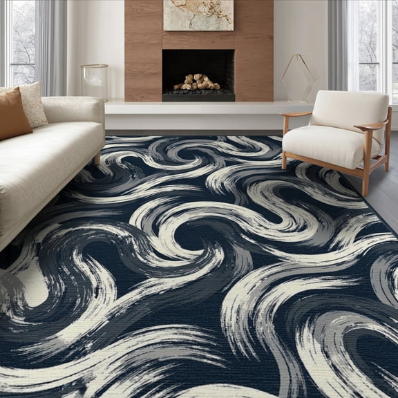 ODIKA 8'x10' Washable Area Rug Durable, Non-Slip Long Abstract Brushstroke Interlocking Wave Motif Accessories Navy Flowing for Living Room, Under Sectional, Family