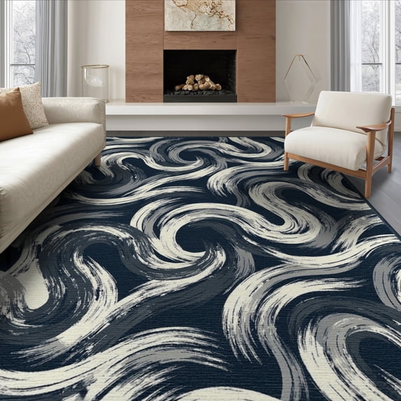 ODIKA 8'x10' Washable Area Rug Durable, Non-Slip Long Abstract Brushstroke Interlocking Wave Motif Accessories Navy Flowing for Living Room, Under Sectional, Family