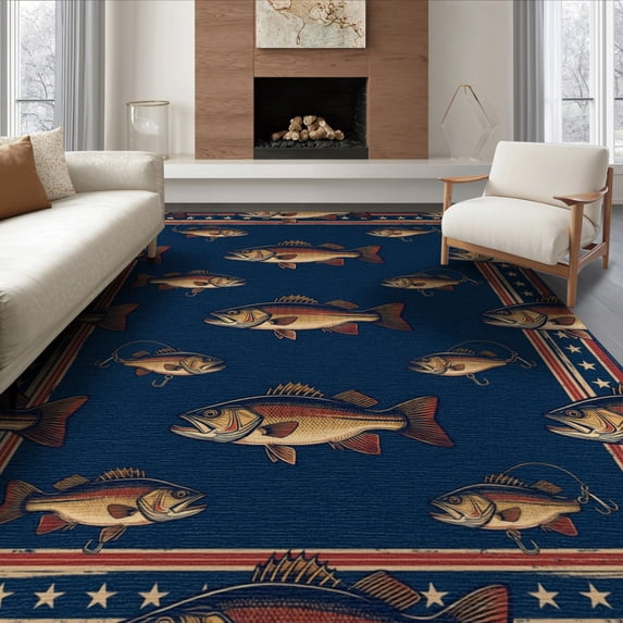 ODIKA 8'x10' Washable Area Rug Durable, Non-Slip Lure Motif With Patriotic Bass And Distressed Frame Vintage Fishing Refined for Living Room, Under Sectional, Family