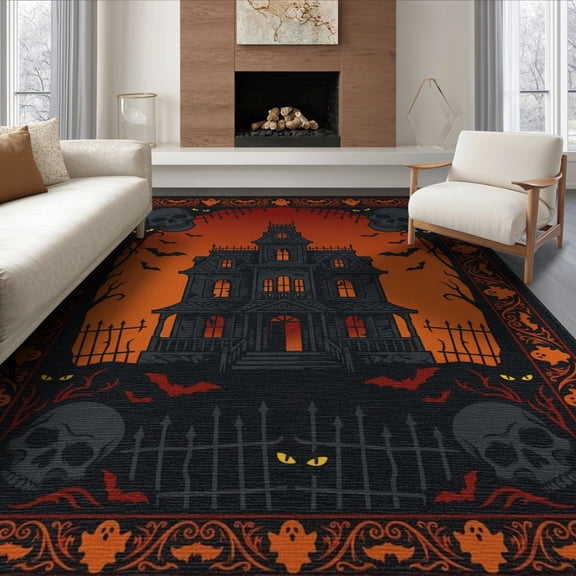 ODIKA 8'x10' Washable Area Rug Durable, Non-Slip Mansion Spooky Bats Gothic Skull Motif Halloween Eerie Haunted Playful for Living Room, Under Sectional, Family