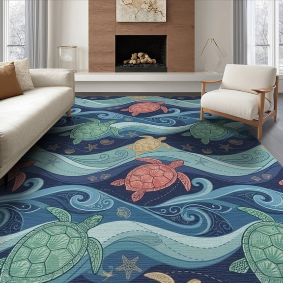 ODIKA 8'x10' Washable Area Rug Durable, Non-Slip Map Detailing Nautical Compass Coral Border Turtle Ocean Wave Playful Expressive for Living Room, Under Sectional, Family