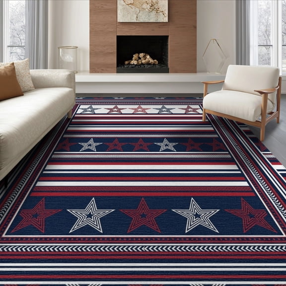ODIKA 8'x10' Washable Area Rug Durable, Non-Slip Memorial Independence Halloween Plaid Patriotic Stars Stripes Playful Expressive for Living Room, Under Sectional, Family