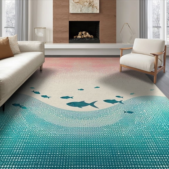ODIKA 8'x10' Washable Area Rug Durable, Non-Slip Mermaid Gradient Scale Whimsical Ocean Fish Ombre for Living Room, Under Sectional, Family
