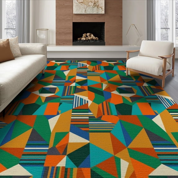 ODIKA 8'x10' Washable Area Rug Durable, Non-Slip Mid Funky Century Segmented Contrast Statement Bold Vibrant Abstract for Living Room, Under Sectional, Family