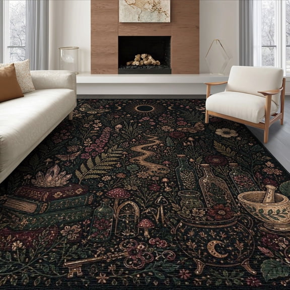 ODIKA 8'x10' Washable Area Rug Durable, Non-Slip Midnight Black Mystical Garden Enchanted Design Floral and Celestial Motifs with Vintage for Living Room, Under Sectional, Family