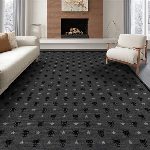 ODIKA 8'x10' Washable Area Rug Durable, Non-Slip Minimalist Gothic Repeating Feline Motif Phase Arch Mystical Goth Flowing for Living Room, Under Sectional, Family