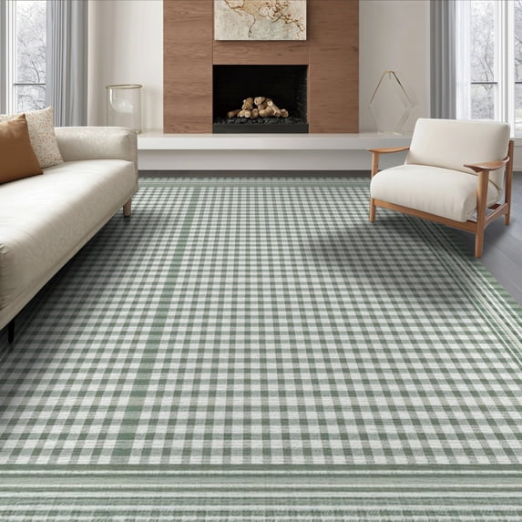 ODIKA 8'x10' Washable Area Rug Durable, Non-Slip Mint Sage Checked Gingham Grid Checkered Geometric Farmhouse for Living Room, Under Sectional, Family