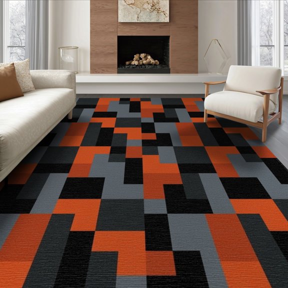 ODIKA 8'x10' Washable Area Rug Durable, Non-Slip Mosaic Bold Blocks Squares Interlocking Geometric Abstract Contemporary Playful for Living Room, Under Sectional, Family