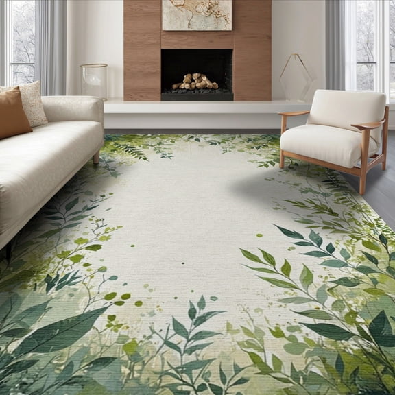 ODIKA 8'x10' Washable Area Rug Durable, Non-Slip Moss Garden Botanical Border Leaf Motif Symmetrical Plant Design for Living Room, Under Sectional, Family
