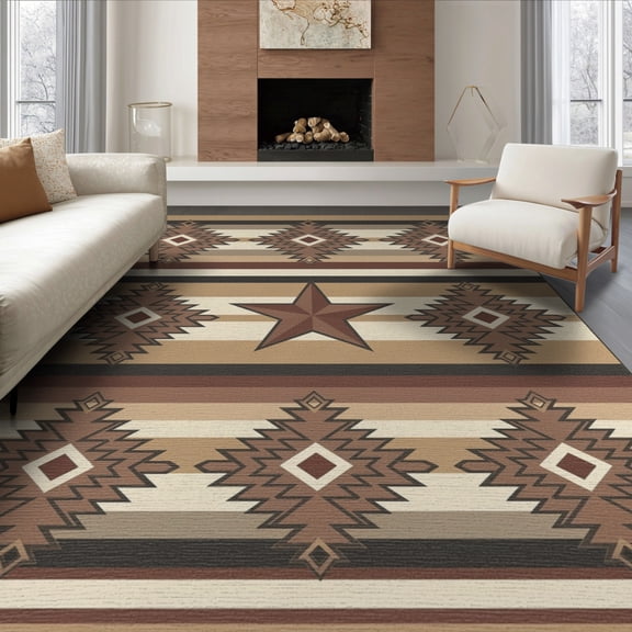 ODIKA 8'x10' Washable Area Rug Durable, Non-Slip Motif Southwestern Stripe Arae Spotted Boho Border Farmhouse Flowing Dynamic for Living Room, Under Sectional, Family