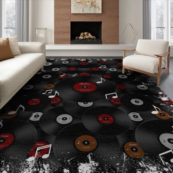 ODIKA 8'x10' Washable Area Rug Durable, Non-Slip Music Vinyl Note Record Motif Tufted Concentric Groove Round for Living Room, Under Sectional, Family