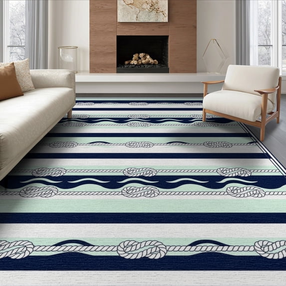 ODIKA 8'x10' Washable Area Rug Durable, Non-Slip Nautical Horizontal Bands Navy Pale Striped That Couch Vintage for Living Room, Under Sectional, Family