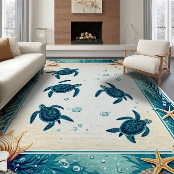 ODIKA 8'x10' Washable Area Rug Durable, Non-Slip Nautical Turtle Ocean Starfish Border Entry Themed Teal Beachy for Living Room, Under Sectional, Family