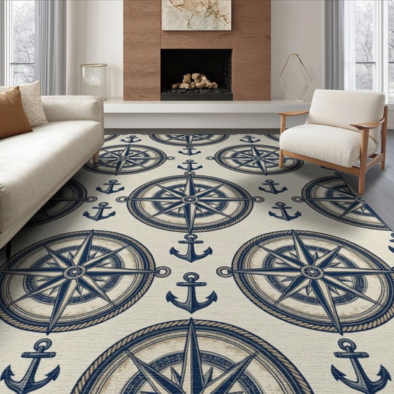 ODIKA 8'x10' Washable Area Rug Durable, Non-Slip Nautical Vintage Border Compass Motif Themed Bathroom Beachy Ocean Refined for Living Room, Under Sectional, Family