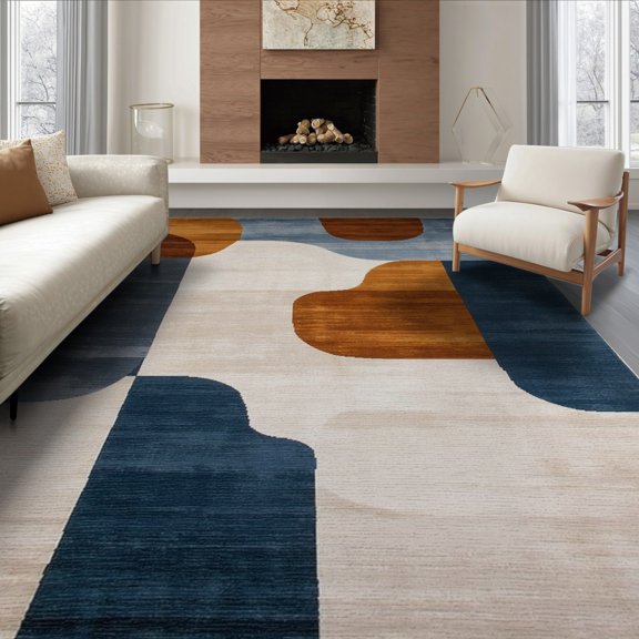 ODIKA 8'x10' Washable Area Rug Durable, Non-Slip Navy Abstract Absract Brushstroke Contemporary Block Pile for Living Room, Under Sectional, Family