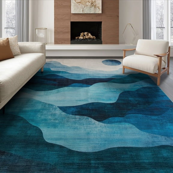 ODIKA 8'x10' Washable Area Rug Durable, Non-Slip Navy Long Abstract Ocean Design Modern Fluid Waves with and Accents for Living Room, Under Sectional, Family