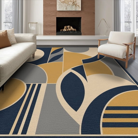 ODIKA 8'x10' Washable Area Rug Durable, Non-Slip Navy and Mustard Geometric Design Bold Abstract Shapes with Modern Flair for Living Room, Under Sectional, Family