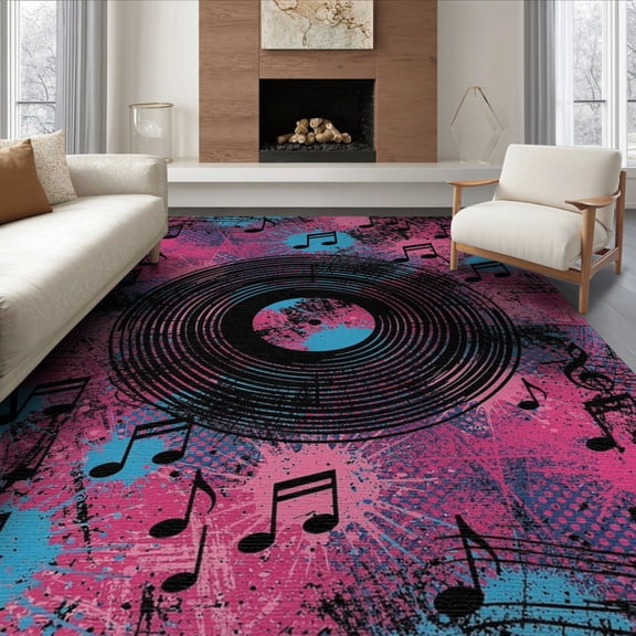 ODIKA 8'x10' Washable Area Rug Durable, Non-Slip Note Vinyl Record Graffiti Grunge Disc Round Movie Eight Music Flowing Dynamic for Living Room, Under Sectional, Family